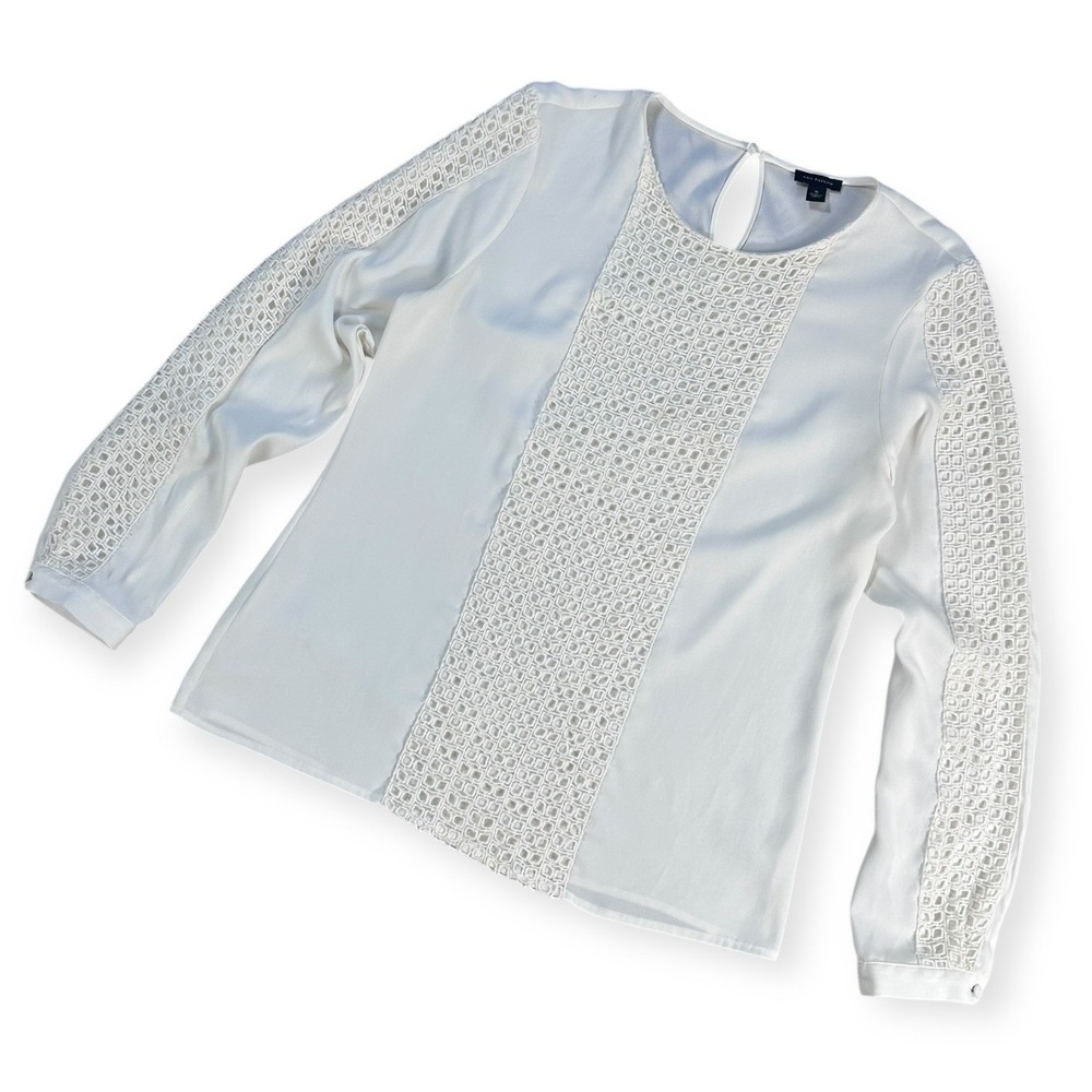Ann Taylor White Crochet Lace Panel Long Sleeve Blouse Size 6 Keyhole Back